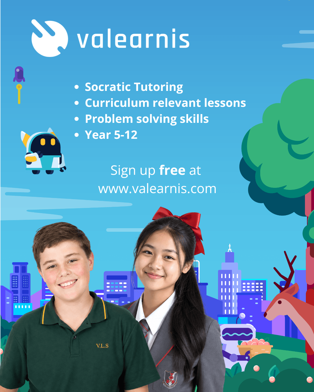 Valearnis: Socratic tutoring, curriculum-relevant lessons, problem-solving skills, years 5 to 12
