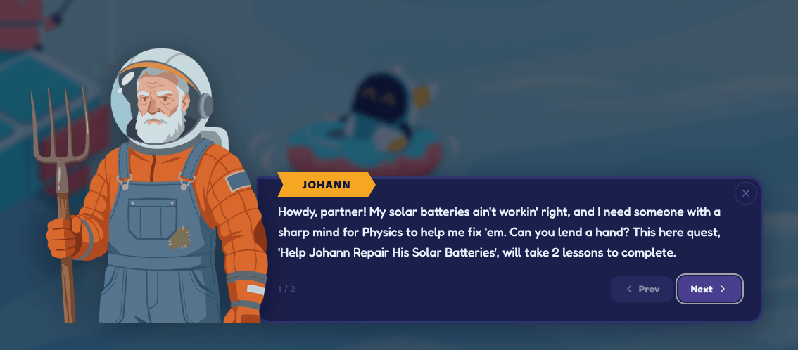 A Valearnis quest: the character Johann asks the student for help repairing his solar batteries, using Physics