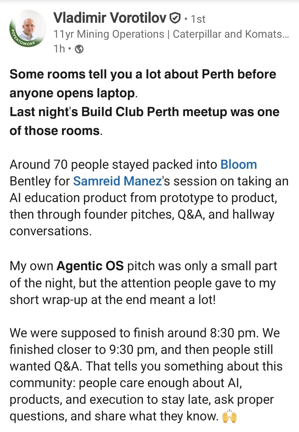 Vladimir Vorotilov on the Build Club Perth session at Bloom Bentley