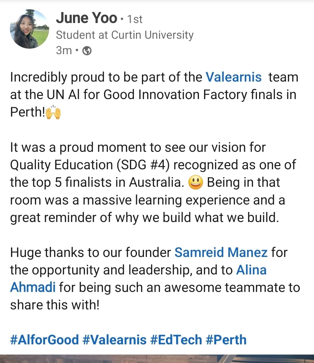 June Yoo on the UN AI for Good Innovation Factory finals in Perth