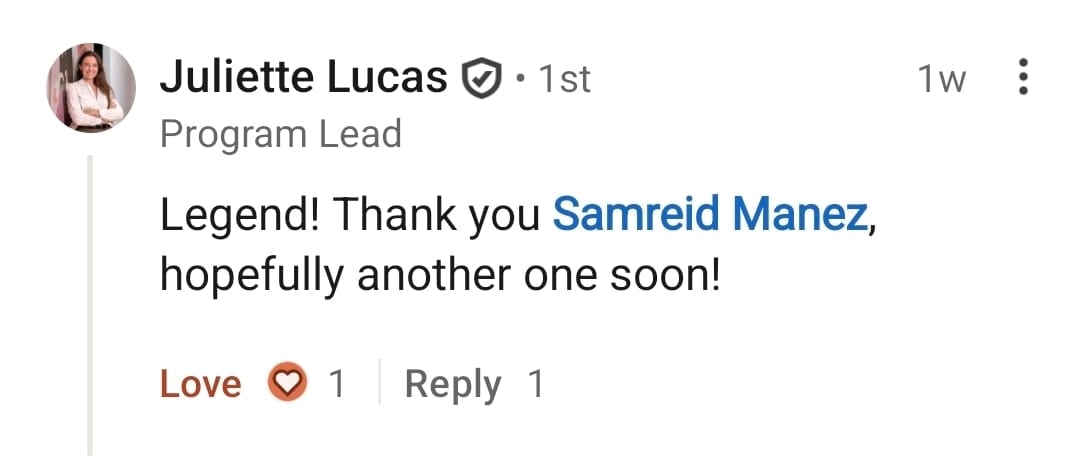 Juliette Lucas thanking Samreid after a session