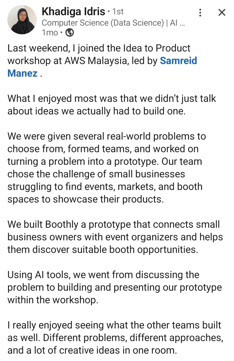 Khadiga Idris on the Idea to Product workshop at AWS Malaysia