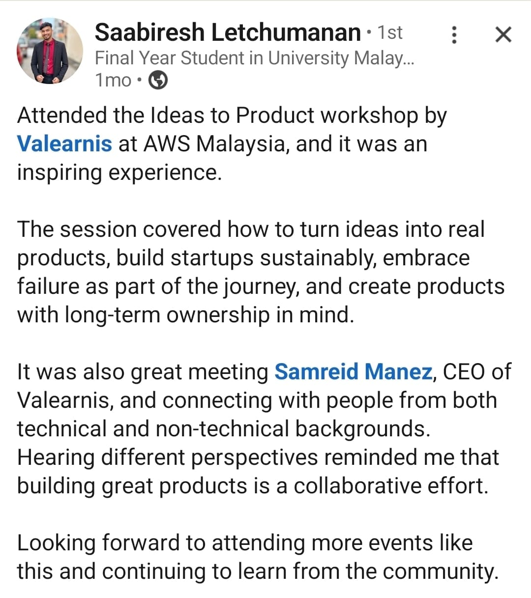 Saabiresh Letchumanan on the Ideas to Product workshop at AWS Malaysia